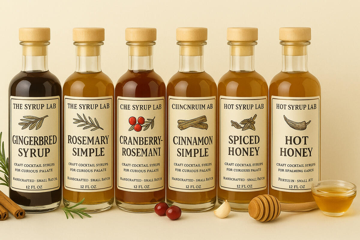 Four handcrafted syrup bottles from The Syrup Lab—Gingerbread, Rosemary, Cinnamon, and Lavender—surrounded by raw ingredients like citrus, cinnamon sticks, rosemary, and a honey dipper.